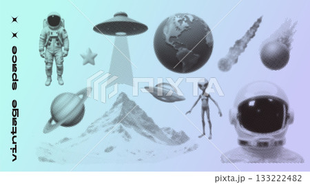 Trendy vintage grunge texture cosmos universe elements set with astronaut, asteroid, Saturn, ufo, alien, planet earth. Dotted stipplism texture. Y2k vintage Isolated vector Trendy vintage grunge texture cosmos universe elements set with astronaut, asteroid, Saturn, ufo, alien, planet earth. Dotted stipplism texture. Y2k vintage Isolated vector 133222482
