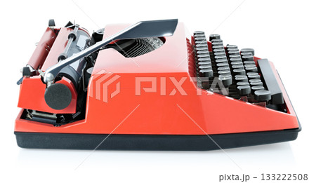 Red vintage typewriter isolated on transparent background. Retro office machine perfect for writing concepts, literature themes, creative design, and nostalgic projects 133222508
