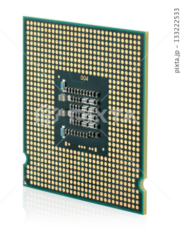 Close-up microprocessor isolated on transparent background. High-detail electronic component perfect for technology, hardware design, engineering visuals, and educational projects 133222533