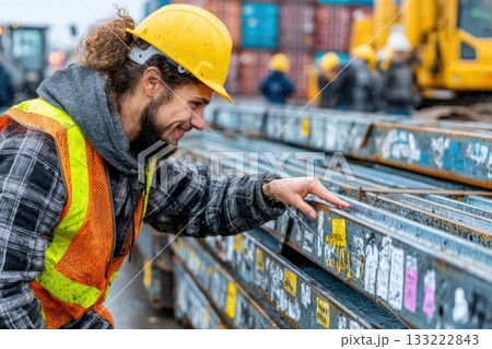 Construction worker inspecting steel beams in industrial environment Construction worker inspecting steel beams in industrial environment 133222843