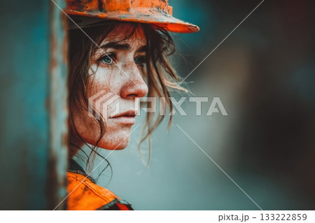 Female construction worker in safety gear with focused expression outdoors Female construction worker in safety gear with focused expression outdoors 133222859
