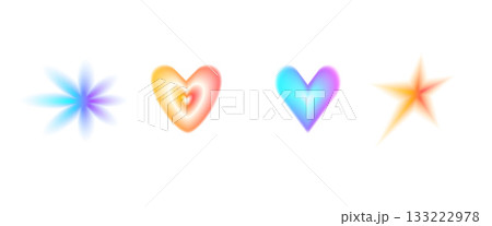 Heart, flower gradient y2k groovy icon figures. Blur aura gradation hearts and sparks shapes. Blink and floral iridescent transparent forms. Vector smooth dissolved elements collection isolated no bg Heart, flower gradient y2k groovy icon figures. Blur aura gradation hearts and sparks shapes. Blink and floral iridescent transparent forms. Vector smooth dissolved elements collection isolated no bg 133222978