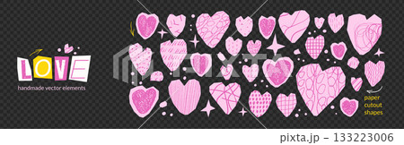 Hearts and stars paper cutout set. Collage crayon pattern textured stickers for love and scrapbook designs. Hearts, twinkle sticker, cut icon. Scrap pencil zine shapes for valentine, crafts isolated 133223006