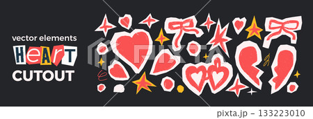 Scrapbook heart paper cutout with crayon pencil texture. Love theme collage design. Set of sticker, icons and a bow shapes for valentine. Cut star and broken heart for craft scraps. Bowknot and love 133223010