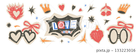 Love cutouts symbols. Heart in a fire, crayon frames stickers. Scrapbook pastel cherry, crown, star, and bow coquette doodle elements for Valentine day scrawl design. Vector scribble stickers no bg 133223016