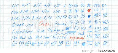 School exam marks icons on crumpled math grid paper. Teacher note hand drawn blue pen set. Exam scribbles symbols. Educational marks, score, test results. Vector handmade fail and approved check 133223020