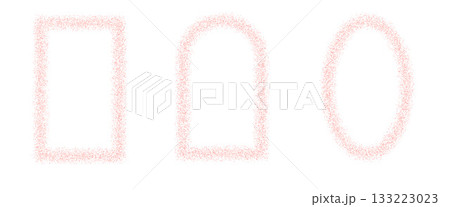 Pink geometric frames set. Arc, rectangle and oval gritty borders. Square, arch, ellipse text boxes. Spray halftone callouts. Vector illustration 133223023