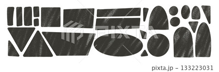 Black geometric shapes with grunge hand drawn noise set. Ink rolled text boxes grainy textured frame pack. Circle, rectangle, triangle chalk crayon callout geometry figure. Vector spray drawn stickers 133223031