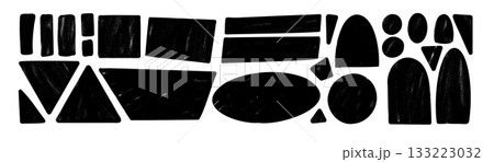Black ink geometric shapes. Grunge hand drawn tags noise set. Ink rolled text boxes grainy textured frames. Arch, rectangle, triangle chalk crayon callouts figures. Vector pen quotation stickers 133223032