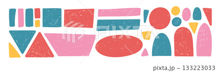 Crayon colorful geometric shapes kids set. Scribble text boxes borders. Rectangle, arch, highlights text and triangles figures. Vector hand drawn school stickers cutout. Grunge geometry callout figure Crayon colorful geometric shapes kids set. Scribble text boxes borders. Rectangle, arch, highlights text and triangles figures. Vector hand drawn school stickers cutout. Grunge geometry callout figure 133223033