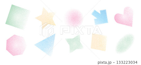 Pastel gritty geometric shapes set. Grainy noise textured y2k elements. Rectangle and circle dot work icons. Vector pink, green and blue pastel illustration isolated on transparent background 133223034