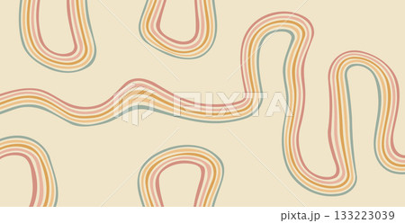 Groovy rainbow lines background. Wavy stripes vintage colors cover. Playful squiggle wave arch wall design. Vector retro beige wiggle ornament 133223039