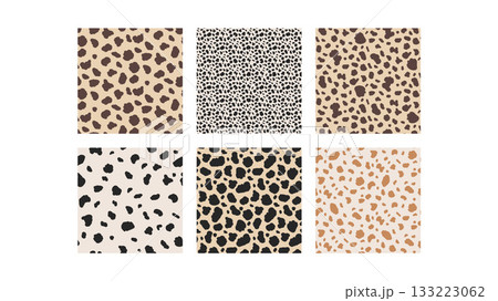 Animal seamless patterns. Dalmatian, giraffe, cow, background collection. Irregular freeform blobs deer, dog skin texture simple shapes. Camouflage patterns. Vector monochrome seamless collection 133223062