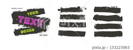 Grunge text boxes wide line textures elements. Thick straight black brush strokes callouts. Smear handmae line linocut textures. Punk wall graffiti vector rolled lino cut streaks on white background 133223063