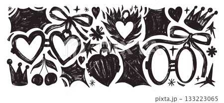 Valentine crayon doodles. Heart shape couple lockets with bang text boxes callout. Hand drawn sticker with cherry, crown, star elements. Vector ink or scrawl pencil drawn illustration no background Valentine crayon doodles. Heart shape couple lockets with bang text boxes callout. Hand drawn sticker with cherry, crown, star elements. Vector ink or scrawl pencil drawn illustration no background 133223065