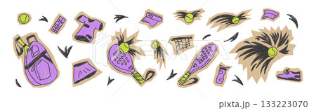 Padel tennis pencil drawn cutout stickers set. Racket, net, ball, sport cloth hand drawn collage icons isolated. Scribble sport equipment paper cut outs elements. Vector fitness illustration isolated 133223070