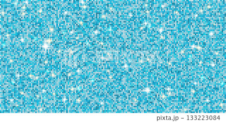 Shiny swimming pool tile background. Blue disco ball mosaic with spotlight. Mirror glitter gradient texture sequin backdrop. Dance floor with sparkles lights. Glam shimmer wall. Vector illustration 133223084