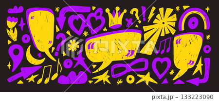 Hand drawn vivid neon colors speech bubble, crayon text boxes with quotation marks. Playful dialogue clouds and shapes like hearts, arrows or stars. A naive speech bubbles message in violet and yellow 133223090