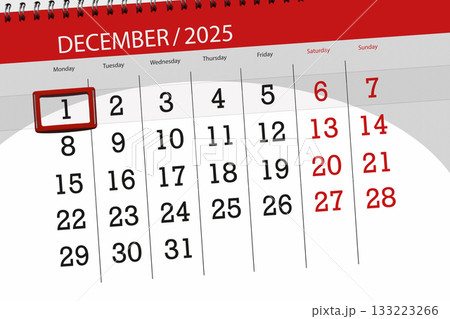 Calendar 2025, deadline, day, month, page, organizer, date, December, monday, number 1 133223266