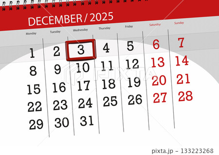 Calendar 2025, deadline, day, month, page, organizer, date, December, wednesday, number 3 133223268