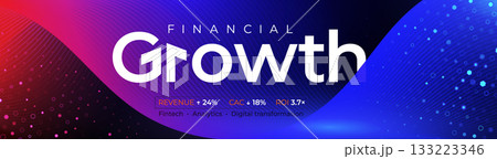 Financial growth, business finance, investment success. Rising chart, arrow and wave gradient background. For reports, presentations, websites, ads, covers. Growth trends and growth charts. Vector 133223346