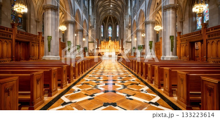 St. Patrick's cathedral interior showing gothic architecture and empty pews St. Patrick's cathedral interior showing gothic architecture and empty pews 133223614