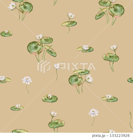 Seamless watercolor pattern featuring delicate white water lilies with green leaves. Hand-drawn lotus flowers on an isolated background, perfect for textiles and wrapping paper. Seamless watercolor pattern featuring delicate white water lilies with green leaves. Hand-drawn lotus flowers on an isolated background, perfect for textiles and wrapping paper. 133223926