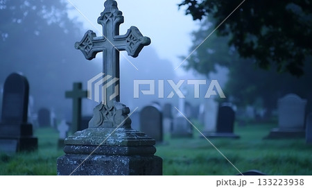 Cemetery with a large cross in the middle Cemetery with a large cross in the middle 133223938