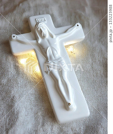 White cross with Jesus Christ on it White cross with Jesus Christ on it 133223988