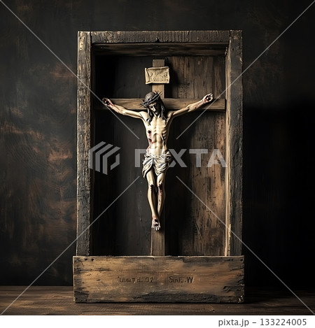 Wooden cross with a man in the center of it 133224005