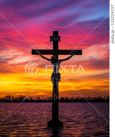 Cross with Jesus Christ on it is in the water 133224137