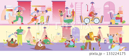 Vector illustration depicting diverse individuals engaging in various fitness and wellness activities, including weightlifting, meditation, cycling, and stretching. The scene emphasizes active Vector illustration depicting diverse individuals engaging in various fitness and wellness activities, including weightlifting, meditation, cycling, and stretching. The scene emphasizes active 133224175