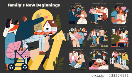 Vector illustration depicting a family's life journey with milestones like starting a family, moving to a new home, expecting a baby, and celebrating achievements. Emotions of joy, love, and support 133224181