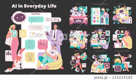 Vector illustration showcasing the integration of AI in daily activities, including smart devices, health monitoring, personal assistance, and entertainment. Diverse scenarios highlight AI's role in Vector illustration showcasing the integration of AI in daily activities, including smart devices, health monitoring, personal assistance, and entertainment. Diverse scenarios highlight AI's role in 133224185