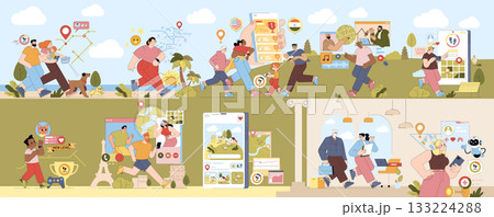 Vector illustration depicting diverse people engaged in group activities, utilizing geolocation, mobile apps, and gaming elements. A variety of social and digital interactions are shown. Vector illustration depicting diverse people engaged in group activities, utilizing geolocation, mobile apps, and gaming elements. A variety of social and digital interactions are shown. 133224288