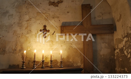 Lit candle is on a table next to a wooden cross 133224373