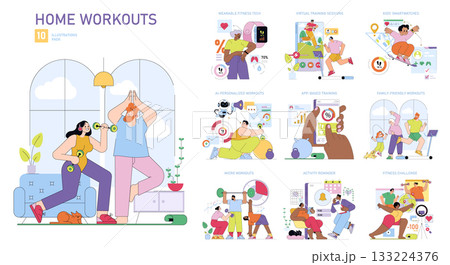 Home workouts vector illustration set featuring 10 activities, including wearable tech, virtual sessions, and family exercises. Engaging exercise concepts for fitness enthusiasts. 133224376