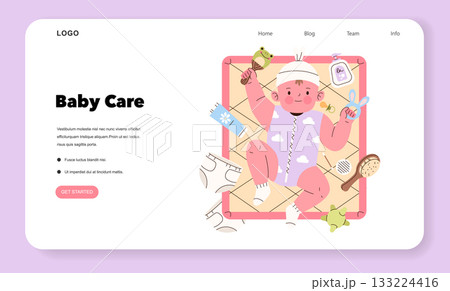 Vector illustration showcasing baby care essentials with a cute baby playing on a mat surrounded by various baby items. Ideal for websites and educational resources on infant care. 133224416