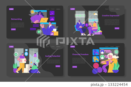 Vector illustration depicting networking, creative expression, scaling potential, and financial freedom with diverse people engaged in collaborative and expressive activities within a digital Vector illustration depicting networking, creative expression, scaling potential, and financial freedom with diverse people engaged in collaborative and expressive activities within a digital 133224454