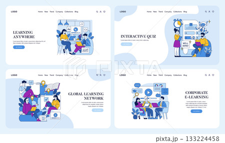 Vector illustrations depicting various aspects of online learning and collaboration. Sets include scenes of interactive quizzes, global learning networks, and corporate e-learning sessions. 133224458