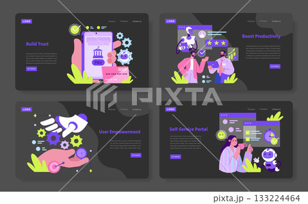 Set of vector illustrations featuring technology and teamwork concepts. Includes payment trust, productivity boost, user empowerment, and self-service portal themes. Vibrant and modern designs for 133224464