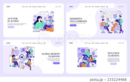 Vector illustration set depicting advanced learning scenes. Includes AI tutors, immersive VR classrooms, global remote learning, and inclusive education with diverse participants. Vector illustration set depicting advanced learning scenes. Includes AI tutors, immersive VR classrooms, global remote learning, and inclusive education with diverse participants. 133224466