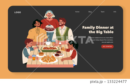 Family gathered around a table, sharing a meal with joyous expressions. Variety of food items and beverages displayed, highlighting a warm, communal dining experience. Vector illustration. 133224477