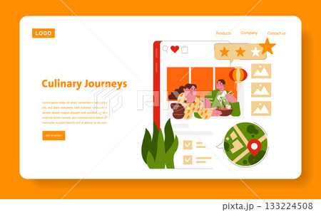 Vector illustration showing two people enjoying a virtual cooking experience. The design includes a website interface with rating features and a map element highlighting location-based dining. Vector illustration showing two people enjoying a virtual cooking experience. The design includes a website interface with rating features and a map element highlighting location-based dining. 133224508