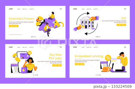 Vector illustration depicting various financial technology concepts including embedded finance, ACH transactions, and buy now pay later. People interacting with digital finance elements. 133224509