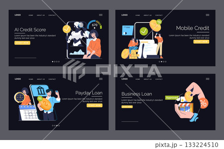 Set of vector illustrations depicting various financial services, including AI credit score, mobile credit, payday loans, and business loans. Characters interact with digital elements. Set of vector illustrations depicting various financial services, including AI credit score, mobile credit, payday loans, and business loans. Characters interact with digital elements. 133224510