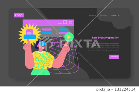 Futuristic vector illustration of someone with virtual reality gear preparing for a rare event on a digital interface. Colors are vibrant with a focus on technology and innovation. Futuristic vector illustration of someone with virtual reality gear preparing for a rare event on a digital interface. Colors are vibrant with a focus on technology and innovation. 133224514