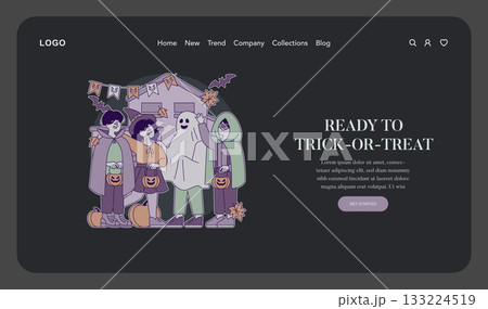 Vector illustration of children trick-or-treating in Halloween costumes, holding pumpkin buckets. The scene features festive decorations and joyful expressions, capturing the Halloween spirit. 133224519