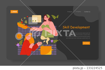 Vector illustration depicting two people engaging in a cooking activity, highlighting skill development. The scene is vibrant with culinary elements and expressions of learning and enjoyment. 133224525