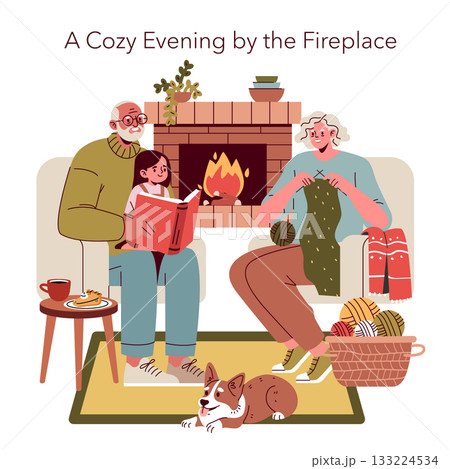 Family gathered around the fireplace on a cozy evening. One person is knitting while another reads to a child. A relaxed dog lies nearby, completing the warm, homely atmosphere. Family gathered around the fireplace on a cozy evening. One person is knitting while another reads to a child. A relaxed dog lies nearby, completing the warm, homely atmosphere. 133224534